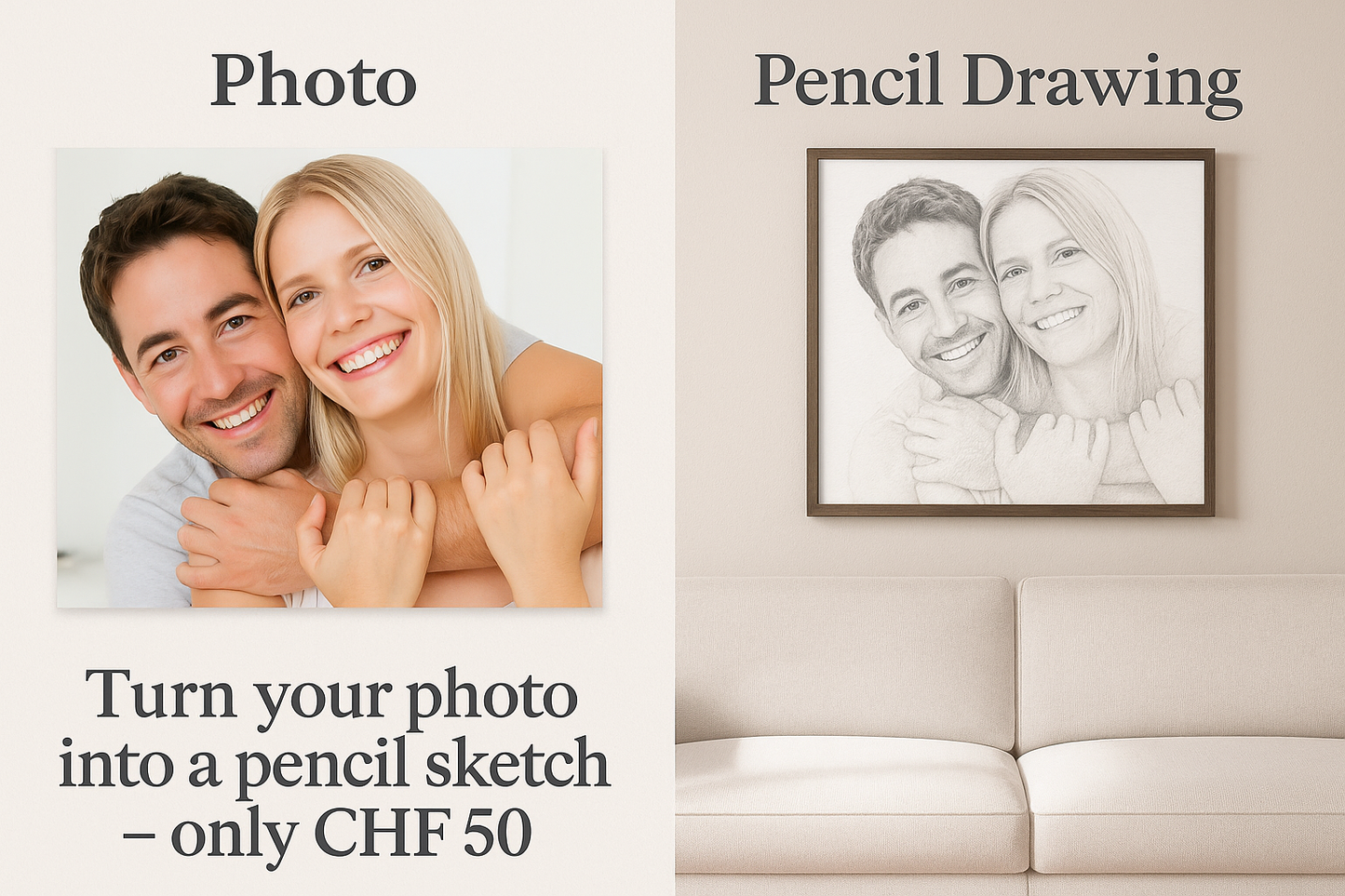 Vorher-Nachher-Bild im Bleistift gemälde Stil, Geschenkidee