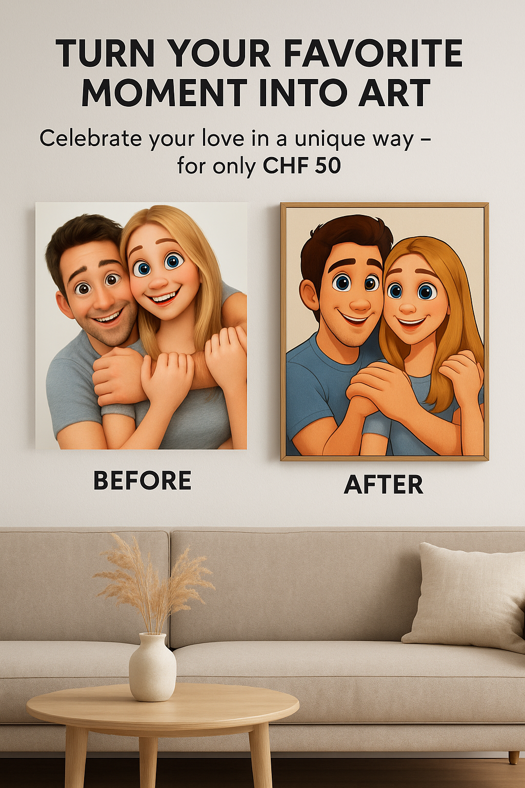 Vorher-Nachher-Bild im Pixar style gemälde Stil, Geschenkidee